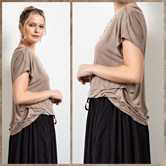 EASEL Ruched Sides Slouchy Short Dolman Sleeves Slinky Boat Neck Top Scooped Hem - Picture 2 of 13